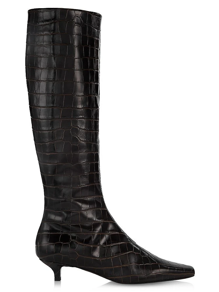 Crocodile-Embossed Leather Knee-High Boots