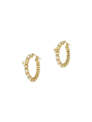 Kira 18K-Gold-Plated & Imitation Pearl Logo Hoop Earrings