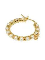 Kira 18K-Gold-Plated & Imitation Pearl Logo Hoop Earrings