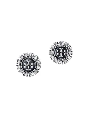 Kira Silvertone, Enamel & Glass Crystal Logo Stud Earrings