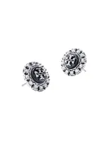 Kira Silvertone, Enamel & Glass Crystal Logo Stud Earrings