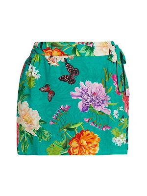 Peacock Floral Cotton & Silk Miniskirt