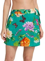 Peacock Floral Cotton & Silk Miniskirt