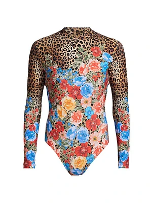 Cheetah & Floral-Print Long-Sleeve Swimsuit