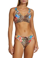 Ruched Cheetah & Floral-Print Bikini Top