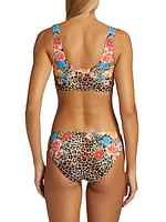 Ruched Cheetah & Floral-Print Bikini Top