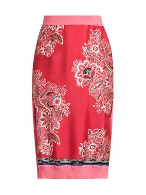 Silk-Front Bandana Knit Midi-Skirt