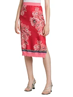 Silk-Front Bandana Knit Midi-Skirt