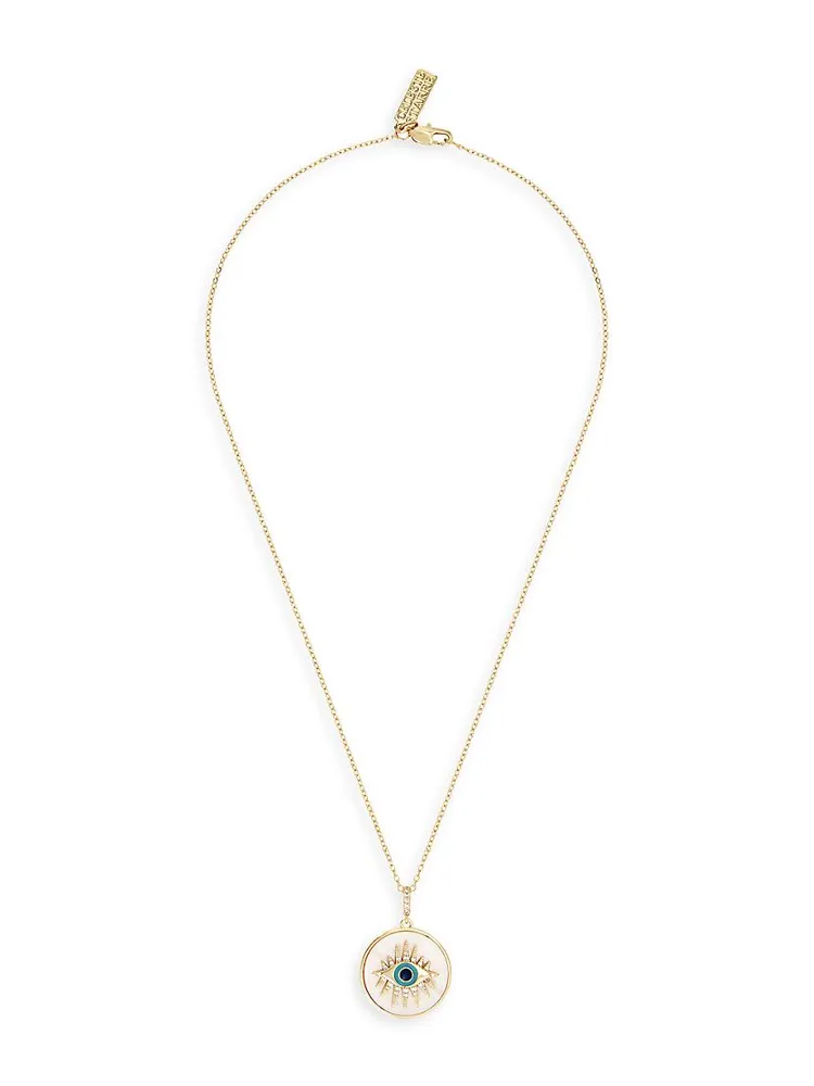 Heaven & Earth I Am Protected 18K-Gold-Plated, Mother-Of-Pearl & Cubic Zirconia Evil Eye Pendant Necklace - Mykonos Edition