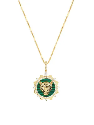 Welcome To The Jungle I Am Fierce 18K-Gold-Plated, Imitation Malachite & Cubic Zirconia Cheetah Pendant Necklace