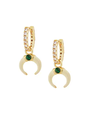 Heaven And Earth Good Luck Horn 18K Gold-Plated, Cubic Zirconia & Faux Malachite Hoop Earrings