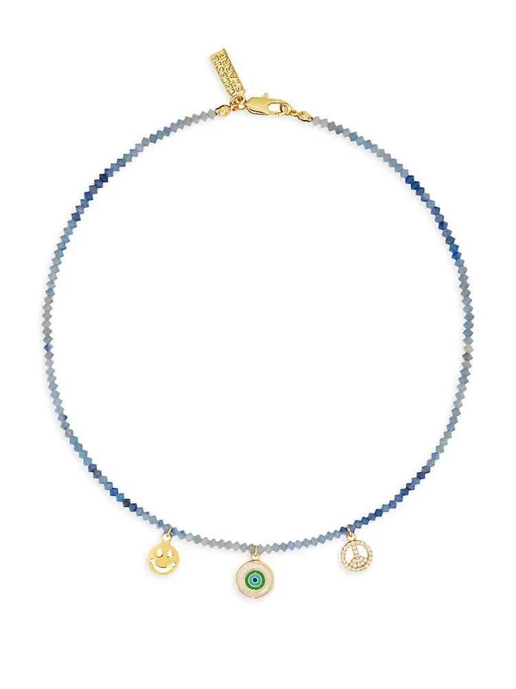 Heaven & Earth Lucky In Laugh 18K-Gold-Plated, Blue Chalcedony & Cubic Zirconia Charm Necklace