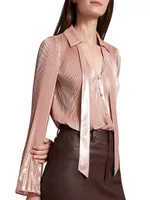 Ellery Metallic Plissé Tie-Neck Top