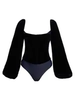 Annel Velvet Blouson-Sleeve Bodysuit