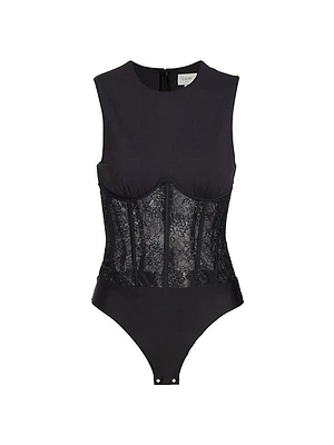 Yazia Semi-Sheer Lace-Trim Bodysuit