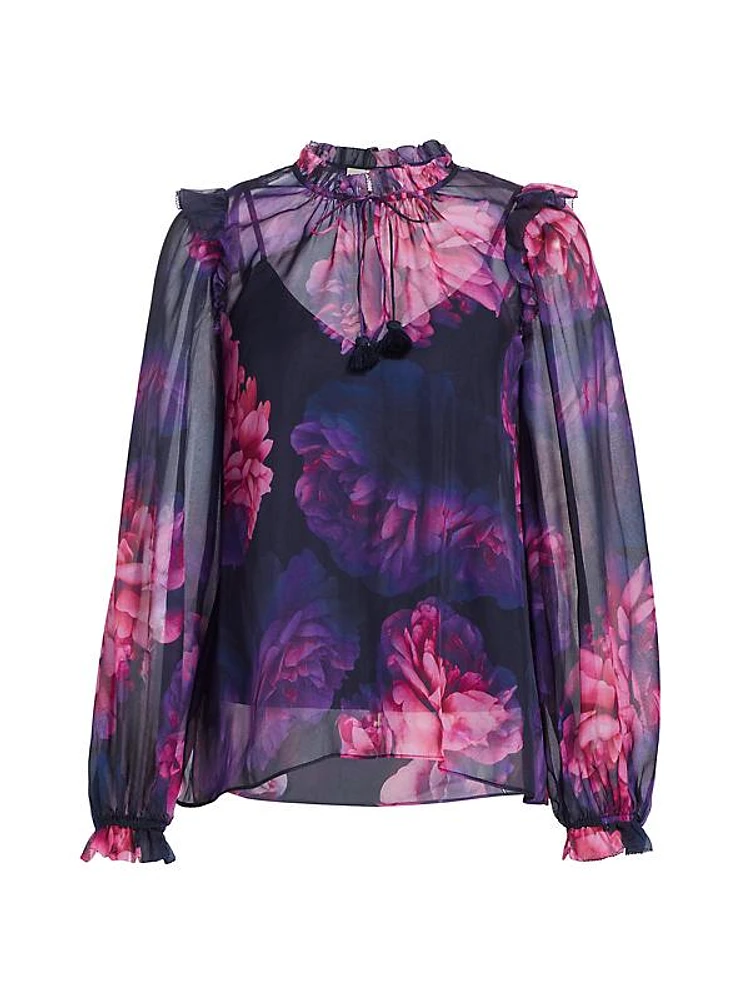 Sandy Floral Silk Tieneck Blouse