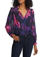 Sandy Floral Silk Tieneck Blouse