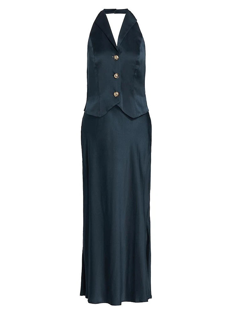 Estella Satin Silk Waistcoat Midi-Dress