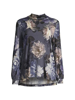 Jersey Floral Mock Turtleneck Blouse