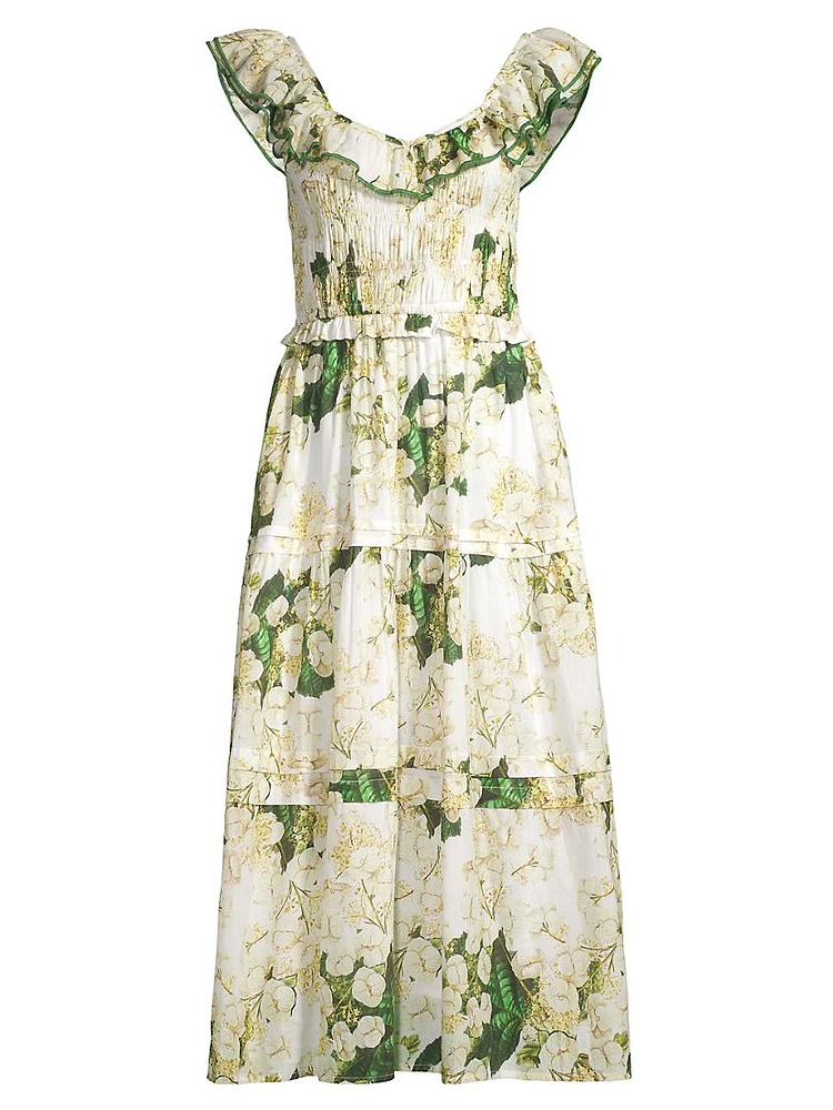 Tuscany Smocked Floral Cotton Midi-Dress