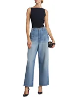 Curved Yoke Barrel-Leg Jeans