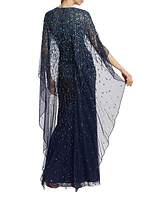 Delphine Tulle Cape-Sleeve Beaded Gown