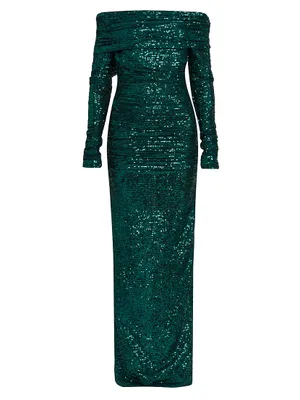 Sequined Off-the-Shoulder Column Gown