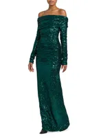 Sequined Off-the-Shoulder Column Gown