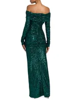 Sequined Off-the-Shoulder Column Gown