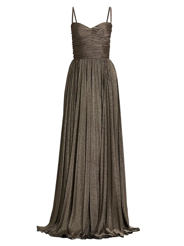 Metallic Ruched Pleated Gown