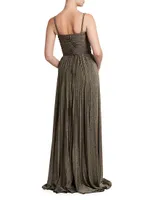 Metallic Ruched Pleated Gown