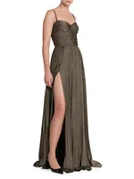 Metallic Ruched Pleated Gown