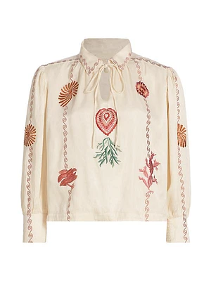 Eterna Elis Embroidered Puff-Sleeve Blouse