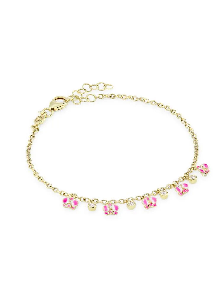 Kidea 18K Yellow Gold, 0.06 TCW Diamond & Enamel Orchid Charm Bracelet