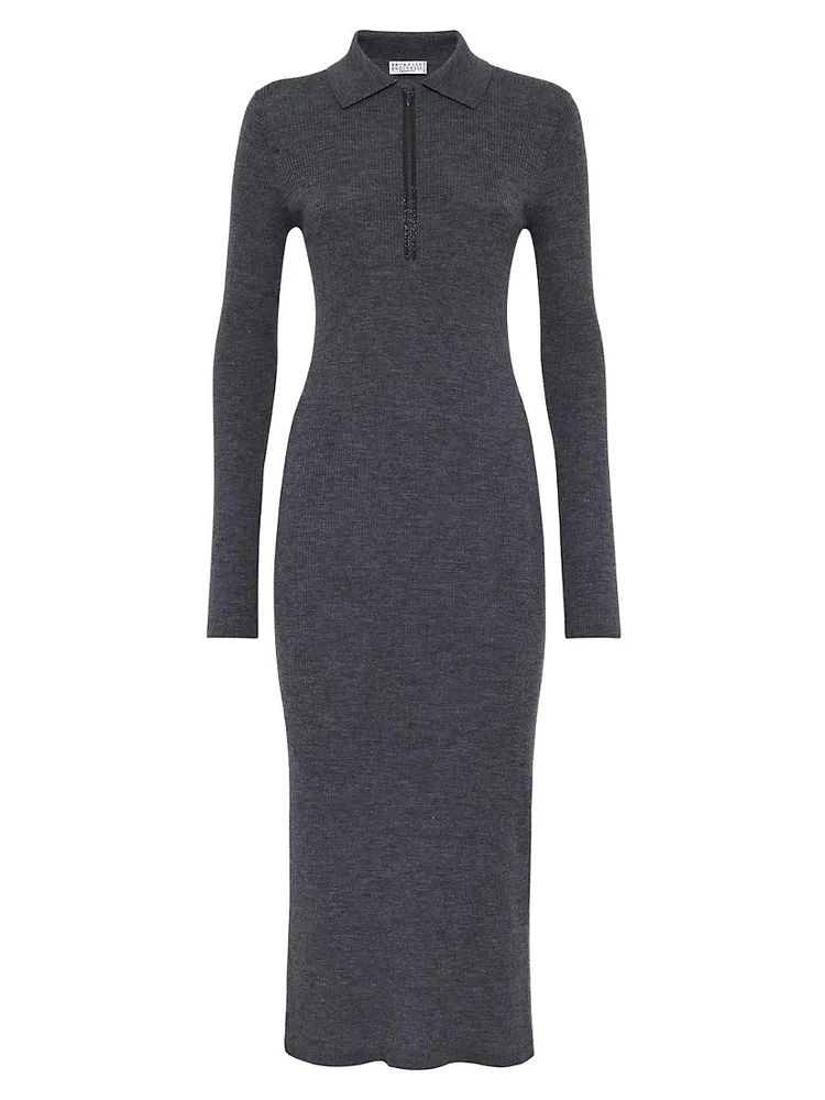 Virgin Wool And Cashmere Lightweight Rib Knit Dress With Precious Zip