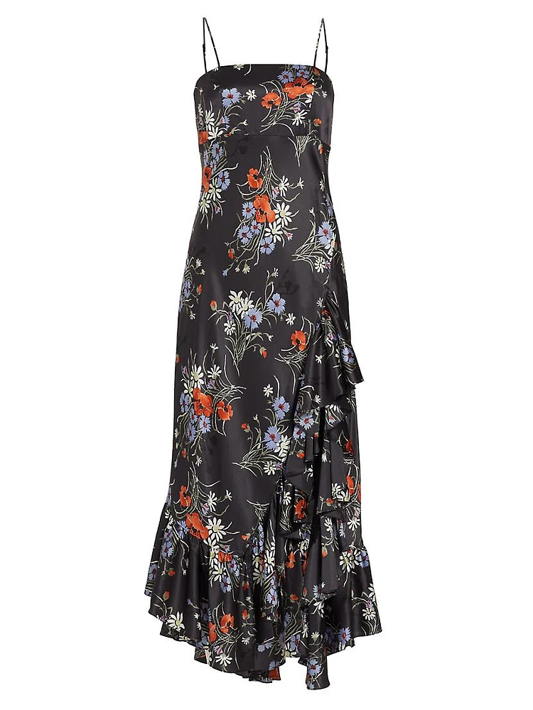 Penny Satin Floral Ruffled Midi-Dress