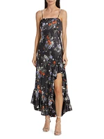 Penny Satin Floral Ruffled Midi-Dress