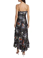 Penny Satin Floral Ruffled Midi-Dress