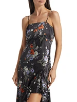 Penny Satin Floral Ruffled Midi-Dress