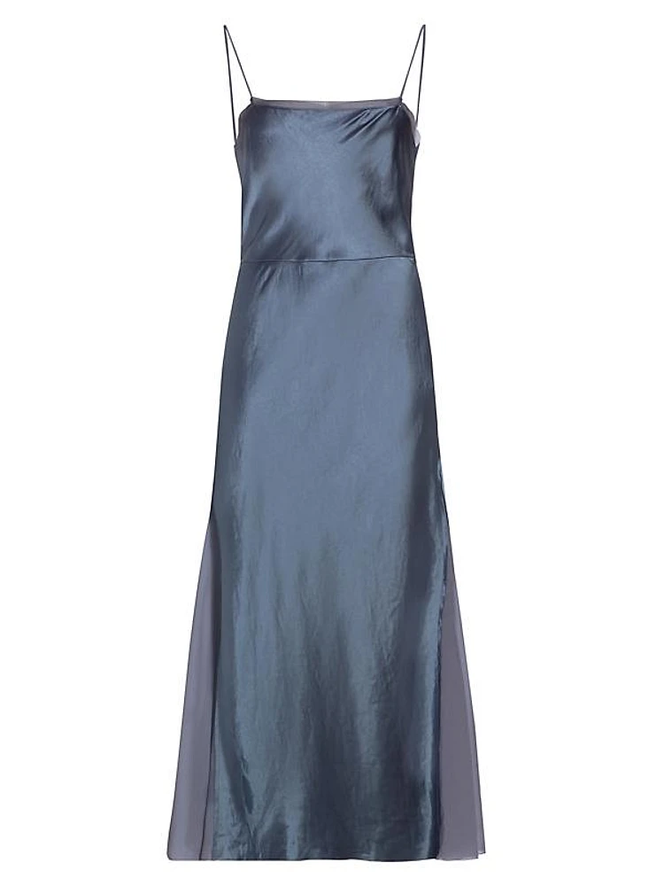 Sheer-Paneled Satin Midi-Dress