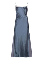 Sheer-Paneled Satin Midi-Dress