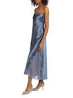 Sheer-Paneled Satin Midi-Dress