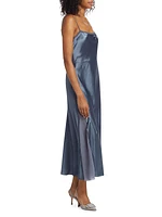 Sheer-Paneled Satin Midi-Dress