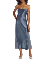 Sheer-Paneled Satin Midi-Dress