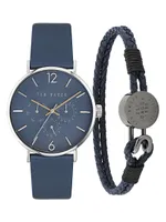 Phylipa Gents Timeless Stainless Steel & Leather Chronograph Watch & Bracelet Gift Set