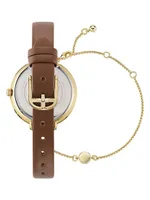 Ammy Iconic Goldtone Stainless Steel, Crystal & Leather Watch & Bracelet Gift Set