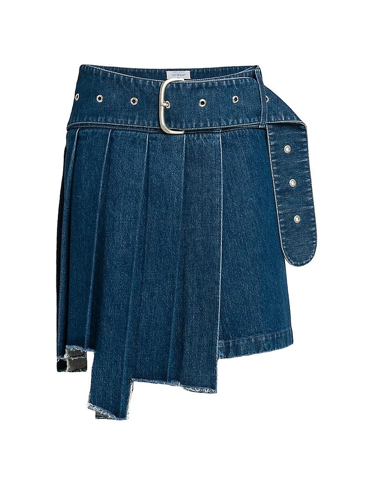 Belted Pleated Denim Skirt