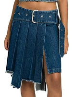 Belted Pleated Denim Skirt