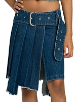 Belted Pleated Denim Skirt