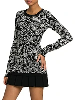 Tattoo Pleated Long-Sleeve Minidress